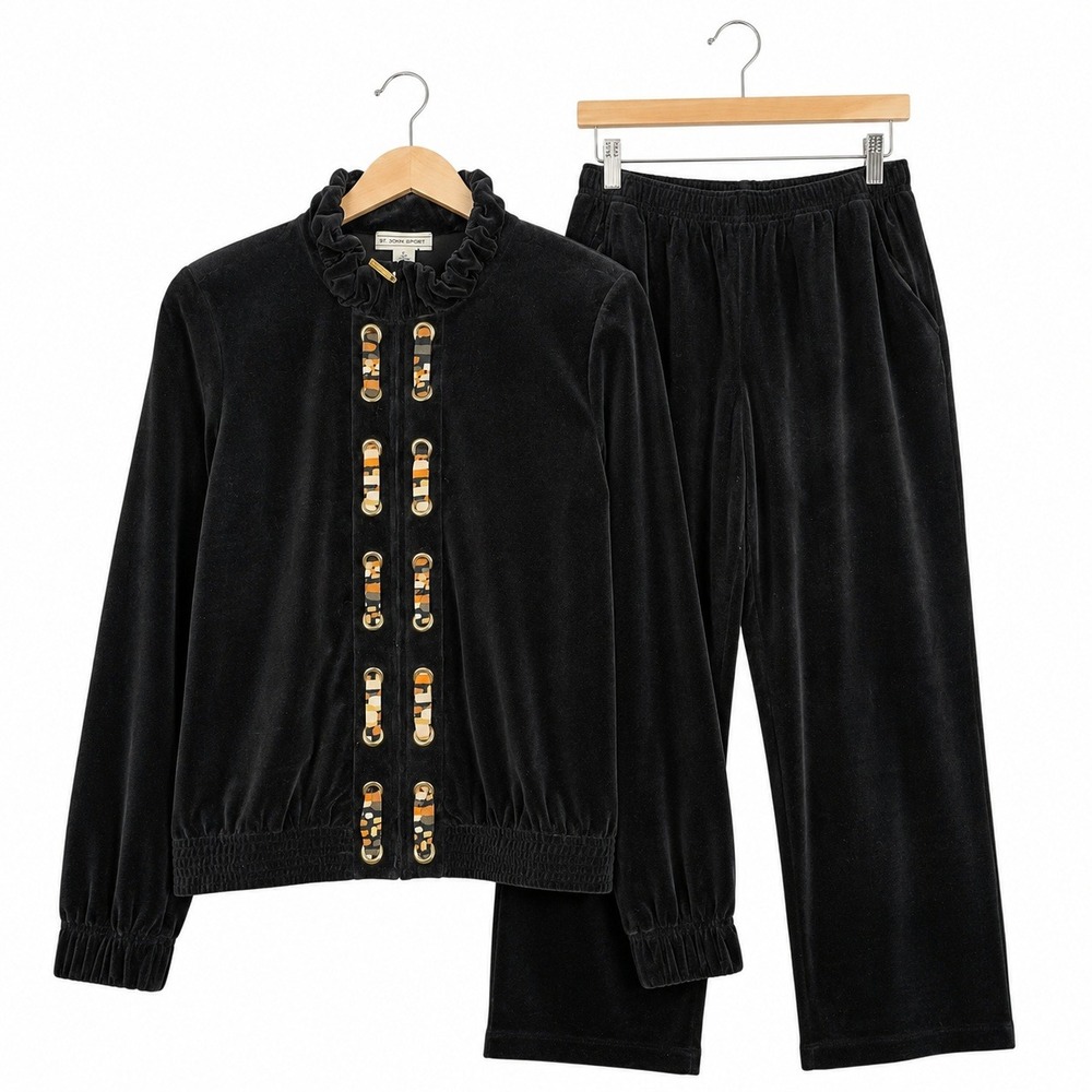 St John Sport Tracksuit Women S Black Velour Ruffle Jacket Wide Leg Pants Set
